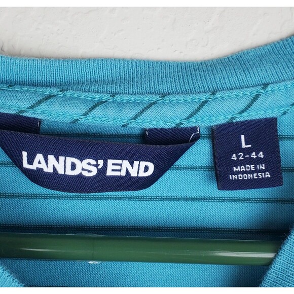 Land's End Men's Large Blue Striped T-Shirt 100% Cotton Chest Pocket - Picture 3 of 5